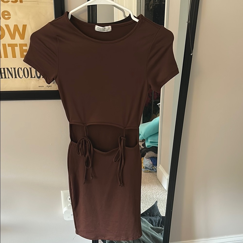 Brown Bodycon Mini Dress with Crew Neck